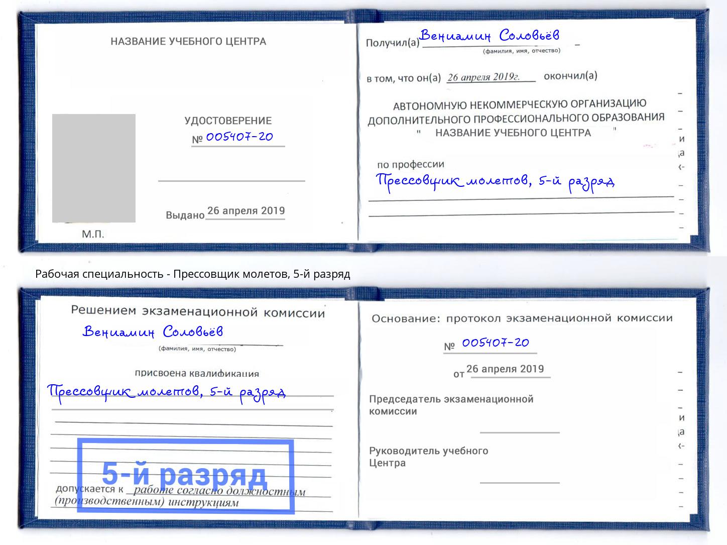 корочка 5-й разряд Прессовщик молетов Кинель