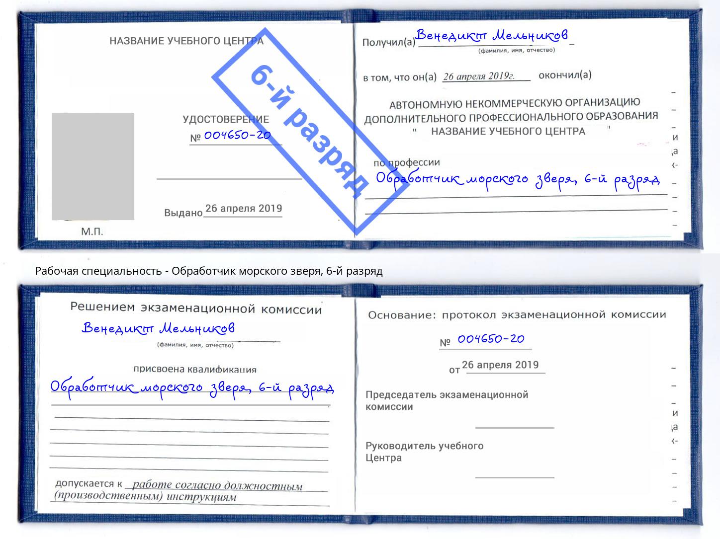 корочка 6-й разряд Обработчик морского зверя Кинель
