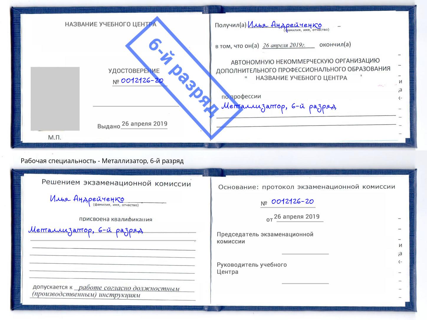 корочка 6-й разряд Металлизатор Кинель