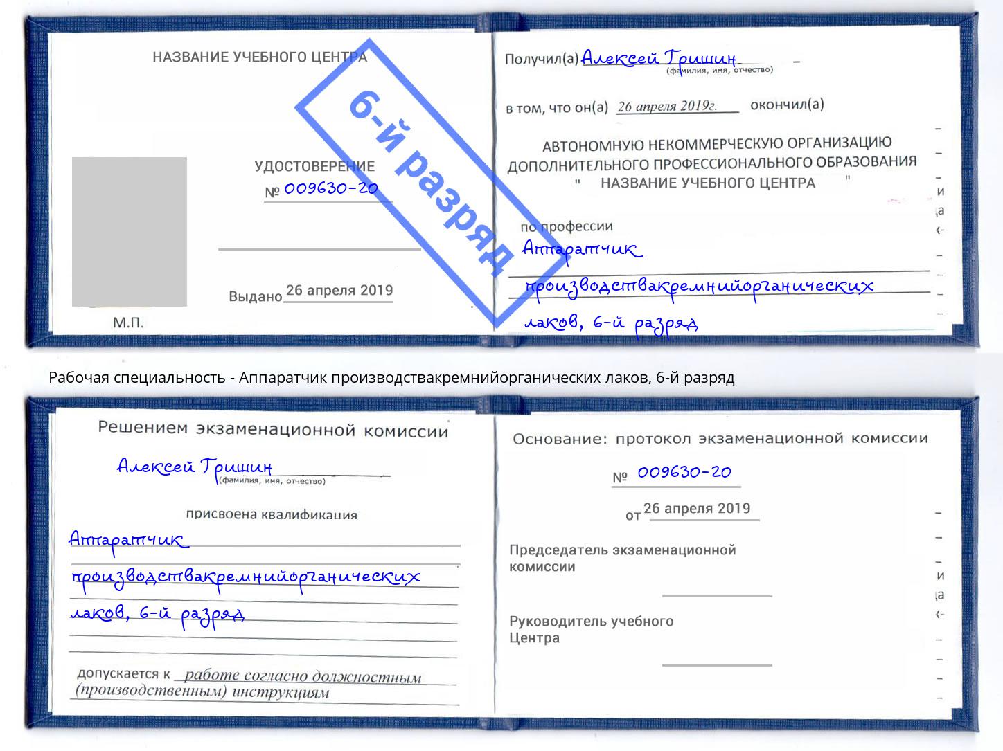 корочка 6-й разряд Аппаратчик производствакремнийорганических лаков Кинель