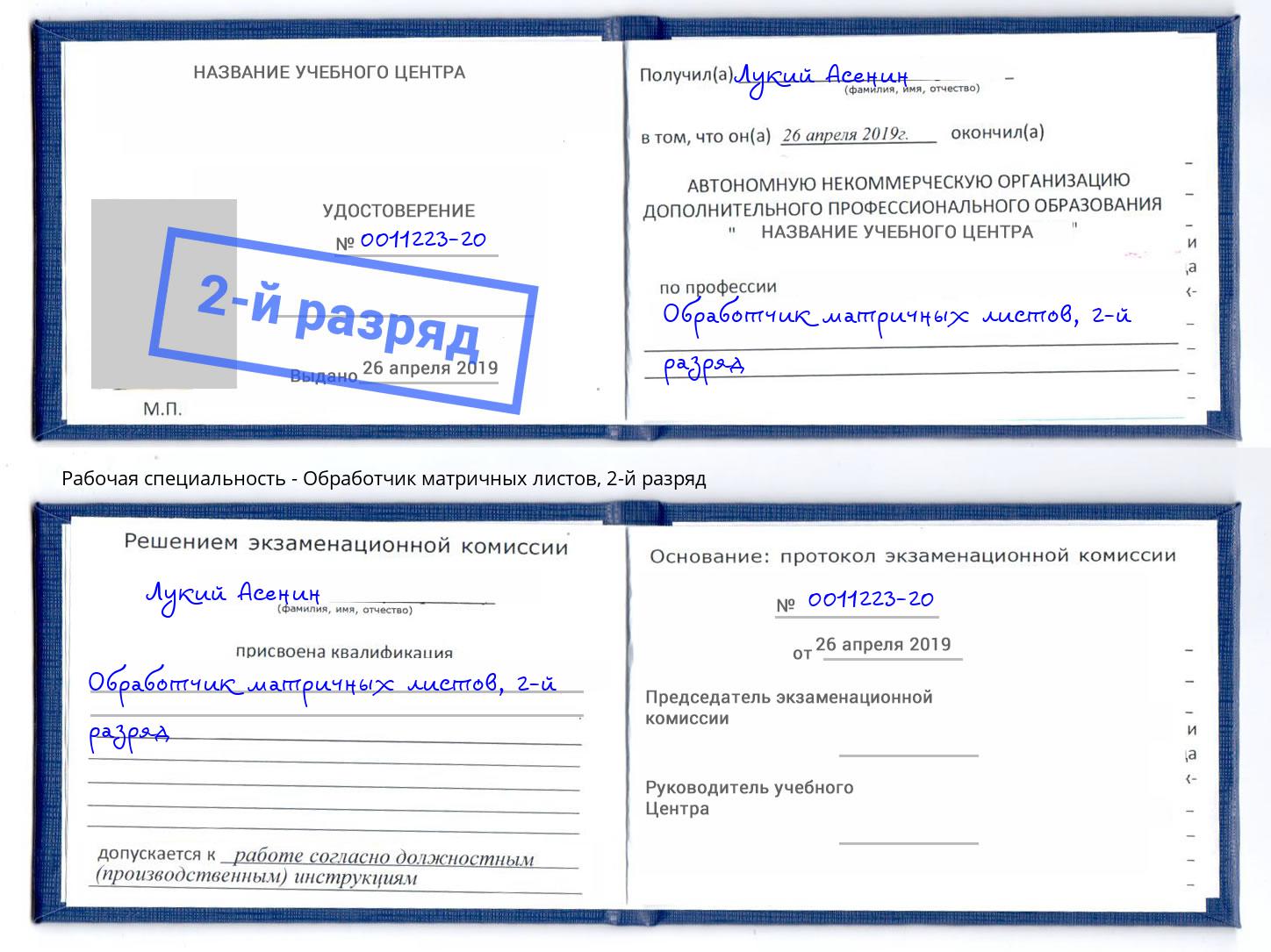 корочка 2-й разряд Обработчик матричных листов Кинель