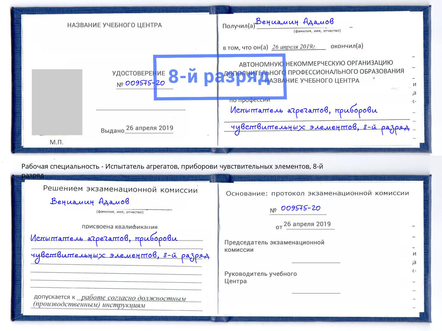 корочка 8-й разряд Испытатель агрегатов, приборови чувствительных элементов Кинель